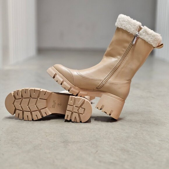 Chunky Nude Faux Leather Winter Boots With Faux Fur Lining & Block Heel - Picture 3 of 6